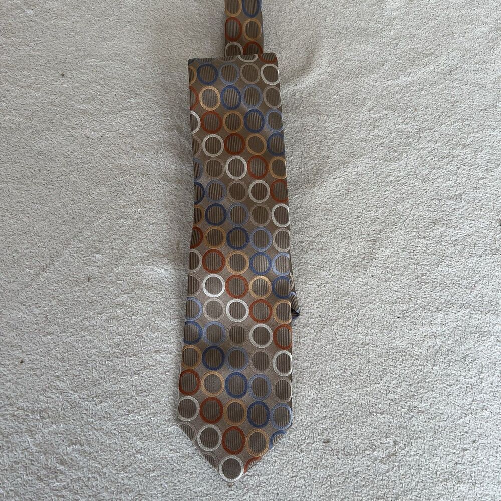 Michael Kors Men's Silk Tie Geometric Pattern Woven Brown Blue Orange Beige